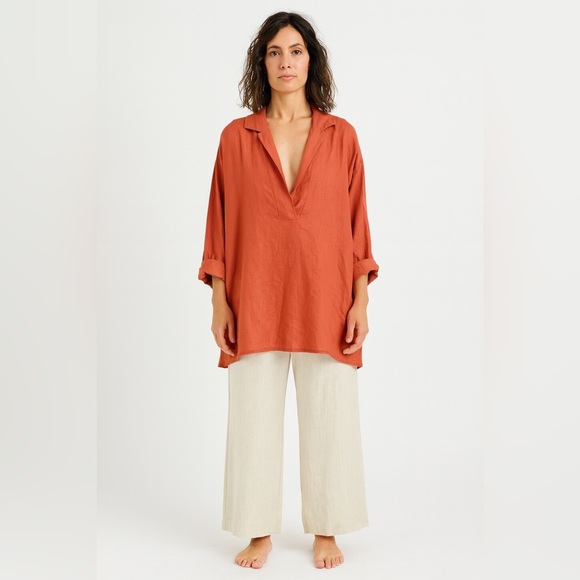 Maggie T Women's Rust Orange 100% Linen Lagenlook Tunic V-Neck Blouse Size 20 - Picture 1 of 12